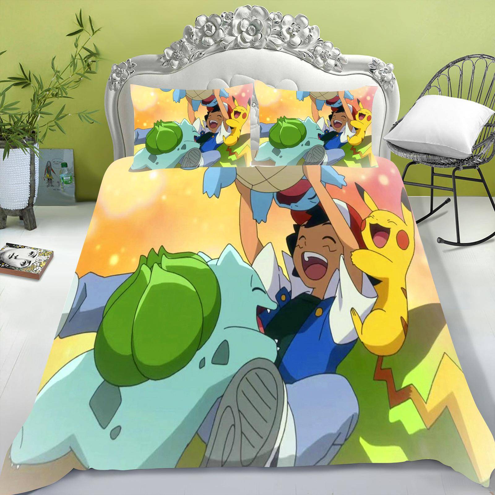 Tecknad påslakan set för barn, Pikachu Anime täcke, King Size täcke, Queen, Grad A, 3D sovrumslakan 140x210cm