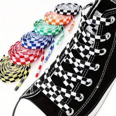 1 Pair Checkerboard Bicolor Flat Polyester Shoelaces, Suitable For Canvas Shoes & Flats - Multicolor - Lattice Orange,Checkered Yellow,Plaid Black,Plaid Red,Plaid Blue,Plaid Green