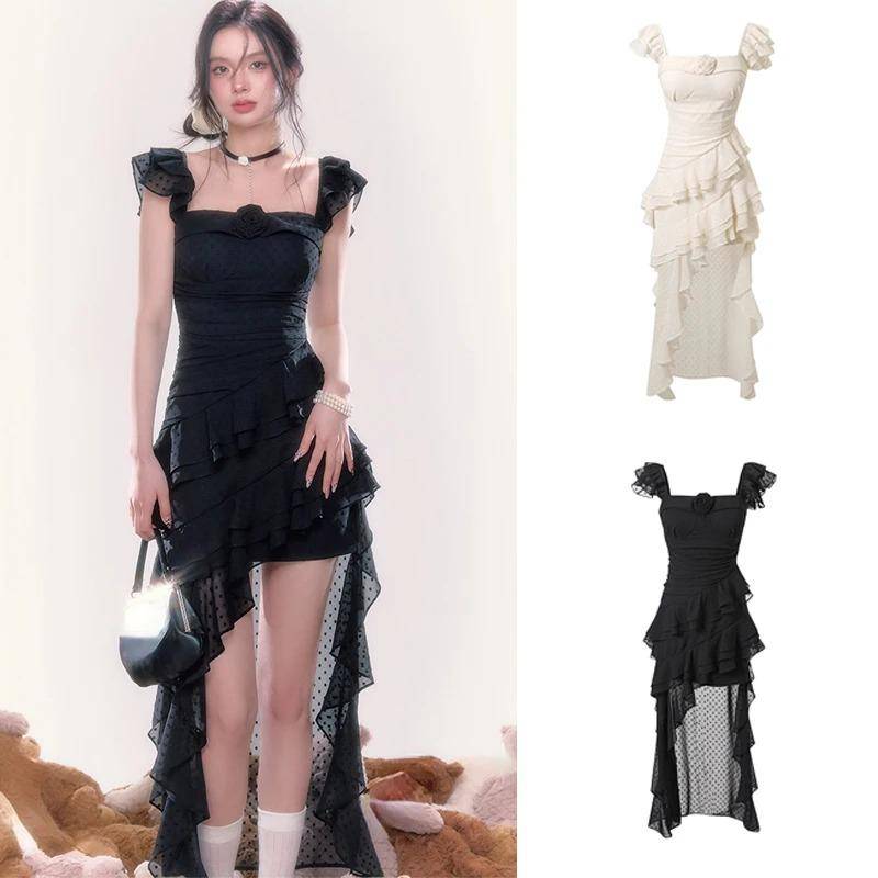 Långsvansad klänning Kvinnor 2000-tals vintagekläder Fritidskläder Bodycon Slim Svart Y2k midiklänning Även fest Elegant strand Koreansk sommar cm sva