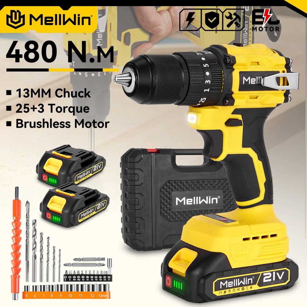 MELLWIN 13MM Brushless Electric Impact Drill 25+3 Torque Handheld Flat Drill Screwdriver Power Tools For Makita 18V Battery Pin