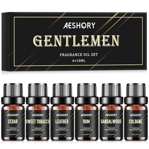 AESHORY Män Eteriska Oljor Set 6 x 10ml, Naturlig Gentleman Aromaterapi Aromatisk Oljor för Luftfuktare, Diffusor, SPA- Sandelträ, Cederträ, Läder, Söt Tobak, Rom, Köln Doftolja