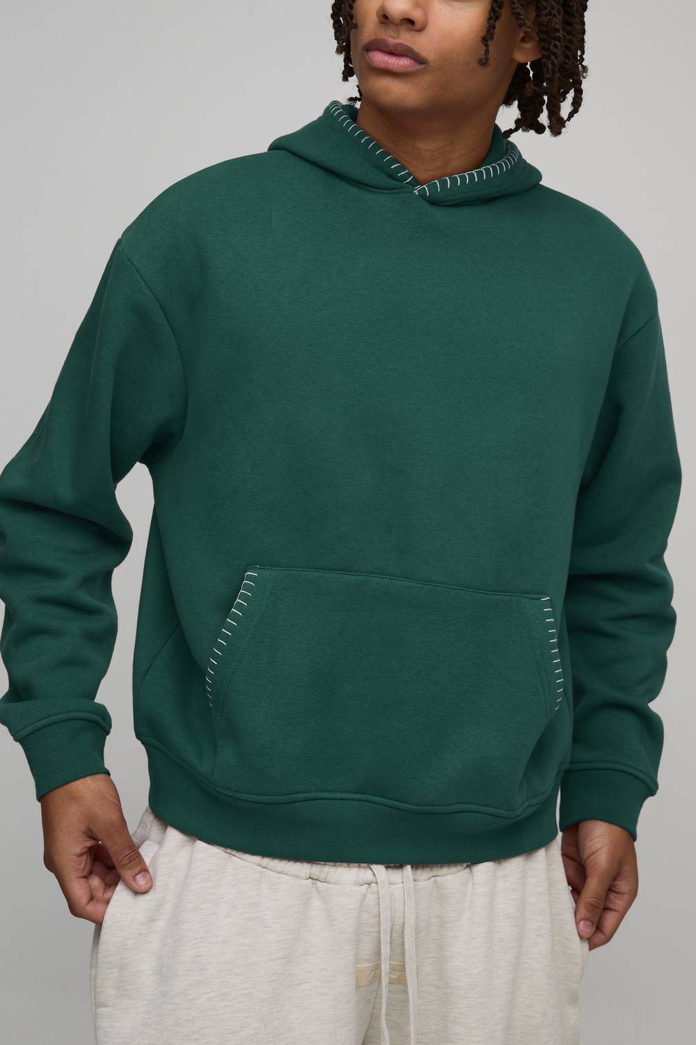 Oversized Boxy Blanket Stitch Hoodie | Forest | Size Medium