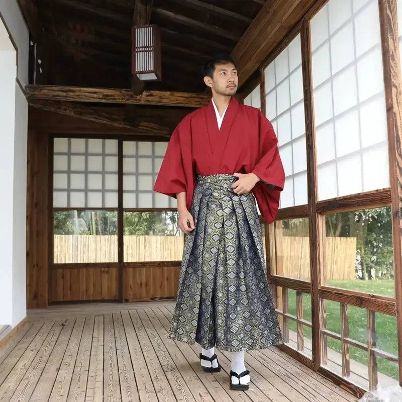 Japanese traditional kimono formal samurai costume role play tabletop game clothing not wrinkle brocade suit - red / Kimono + Hakama + Belt + Lining