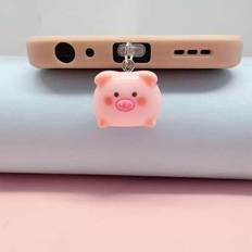 2st Pig & Cat Design Silikon antidammplugg för Android & Huawei telefoner, rosa - rosa grishuvud (Type C,Lightning)