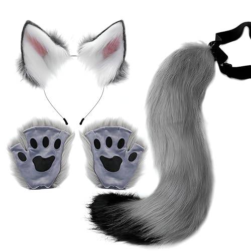 Proumhang 3 st Djur öron Pannband Svans Tass Handskar Set,Räv Katt Cosplay För Kvinnor,Halloween Plysch Faux Fur Cosplay Justerbar Furry Fox Tail Kostym för Barn Vuxna Grå