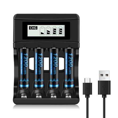 CITYORK 4 stycken uppladdningsbara AAA-litiumbatterier med 4 fack 1,5 V laddare, 1 200 mWh AAA litiumbatteri, 1,5 V konstant spänning utgång batteri