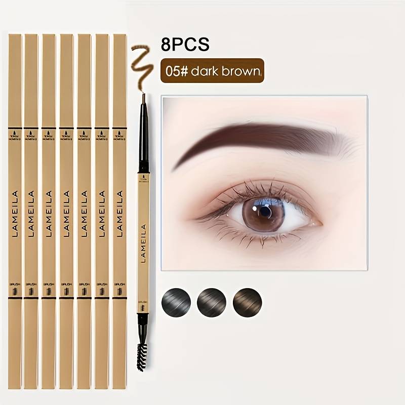 TEMU 8pcs Set Of Dual-end Eyebrow Pencils (with Eyebrow Brush) | Waterproof And Sweat-proof, Long-, Beginner-friendly 2-in-1 Triangular Tip For Natural Wild Brows, Perfect Gift For Women