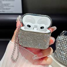 Y2k 1pc Silver Rhinestone Wireless Anti-Drop Earphone Charging Case With Chain Compatible With Airpods Pro