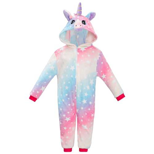 KAKU NANU Enhörning onesie för flickor 2–10 år, sparkdräkt fleece overall med dragkedja, 2 fickor, Ljusblå, 4-6 år