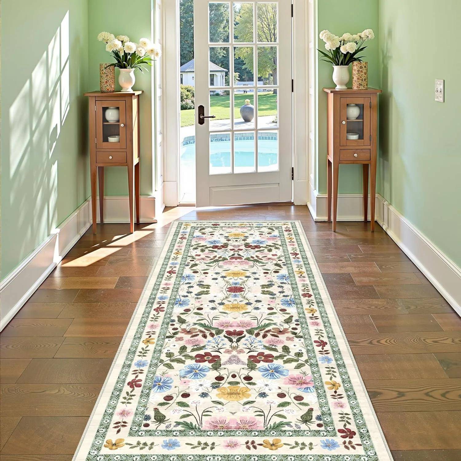 Floral Hallway Runner Rug Soft Flower Botanical Long Carpet Bedroom Non-Slip Floor Mat Machine Washable Kitchen Home Decoration 50x160cm