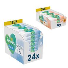 Pampers Harmonie Protect & Care Calendula vådserviet sæt, 396 servietter (9 x 44 stk.) og Harmonie Aqua 1.152 servietter (24 x 48 stk.)