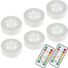 MOUJUCHI Under skåp lampor, 6-pack LED garderobsbelysning batteridriven med fjärrkontroll LED puck lampor justerbar ljusstyrka för vägg garderob skåp trappor låda batteridriven (vit