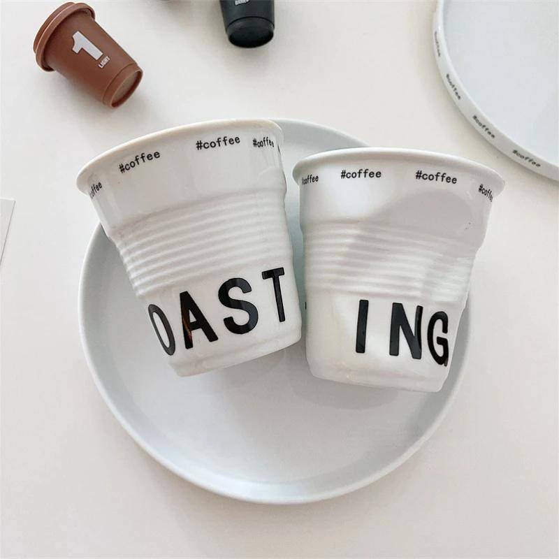 6.7oz koppar och muggar i koreansk stil kaffemugg vit keramik nordisk skrynkelkopp 200ml drickande kaffe tumlare engelsk bokstav white