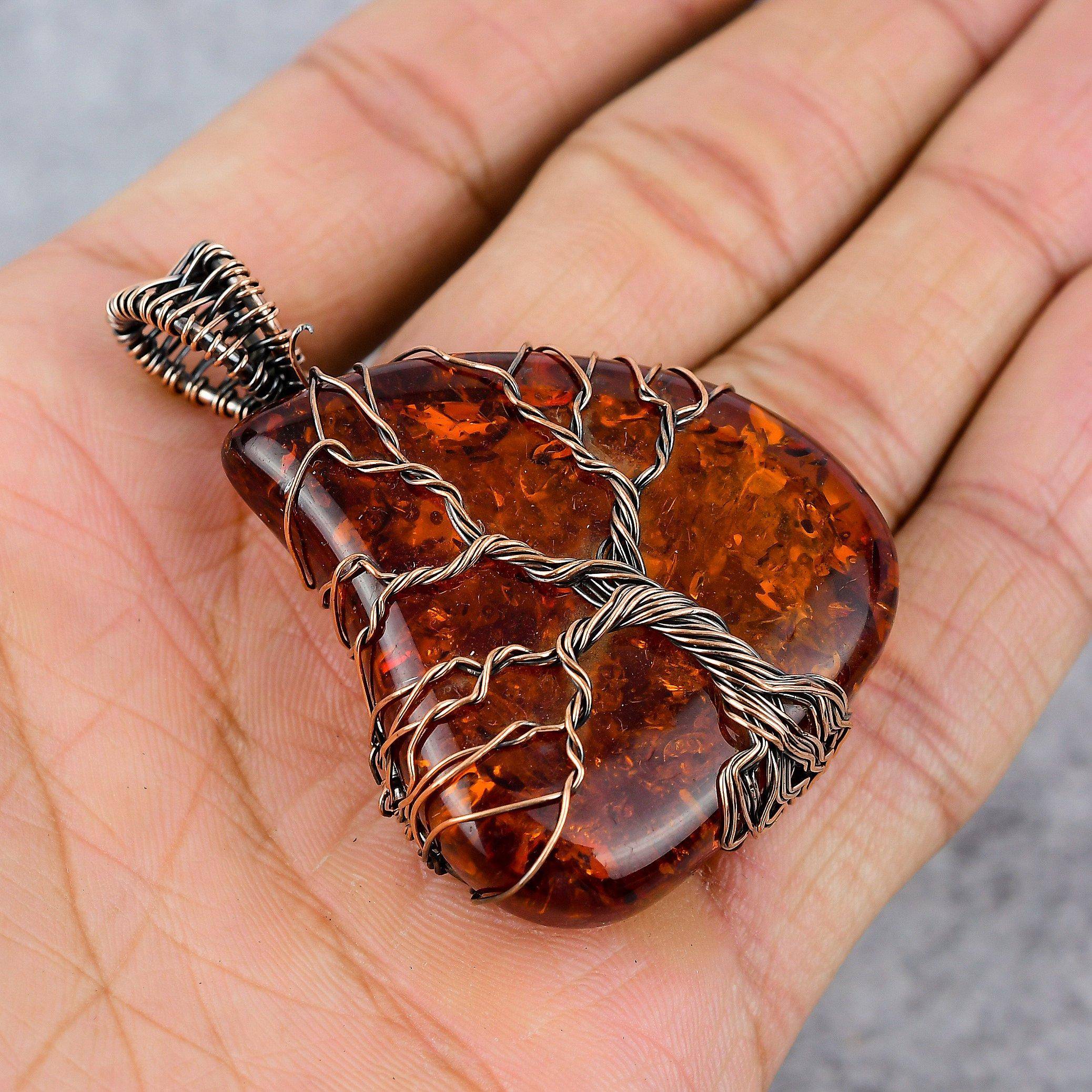Baltic Amber Gemstone Ren koppartråd Wrap Handgjorda smycken hänge orange