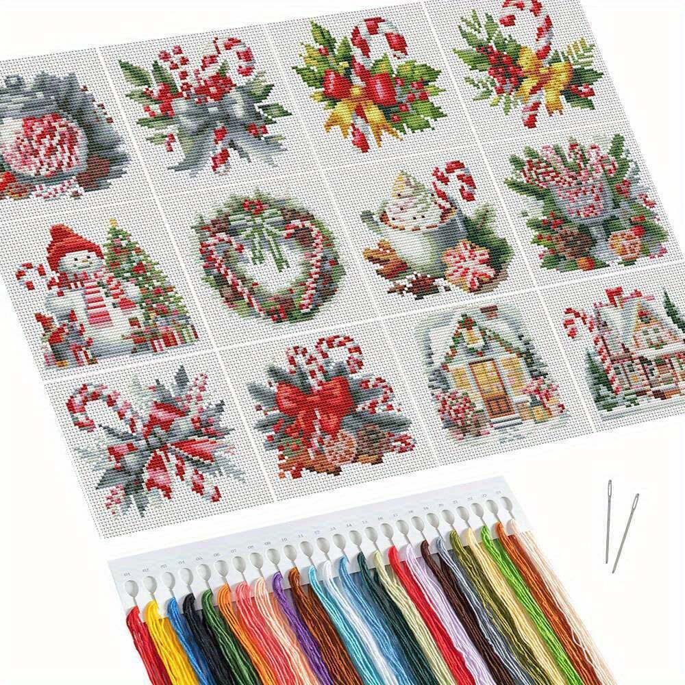 12pcs Cross Stitch Snowman Needlework Embroidery Kit Printed Canvas Craft Supplies Art Craft Christmas Gift Home Decor