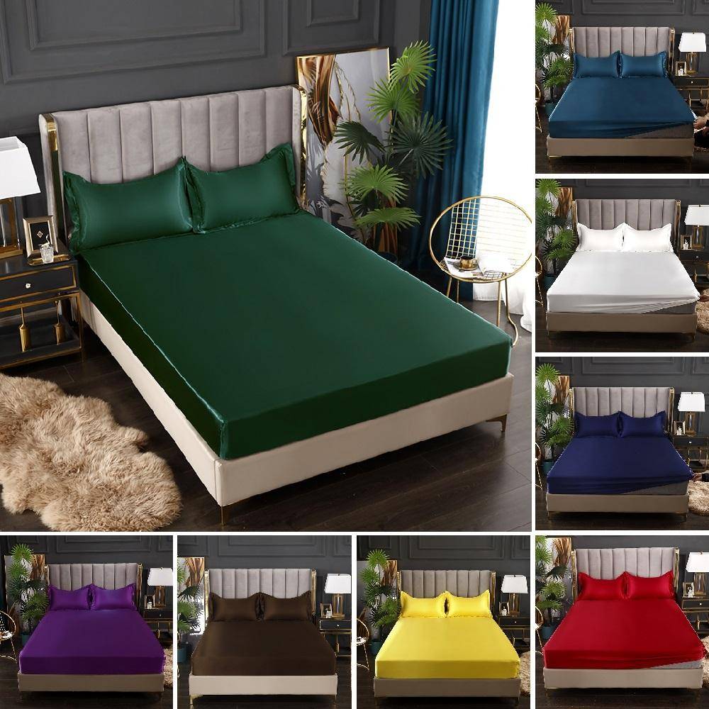 High-End solid färg satin siden Lakan tillpassad lakan Madrassöverdrag Elastiskt band Lakan Sängkläder Set