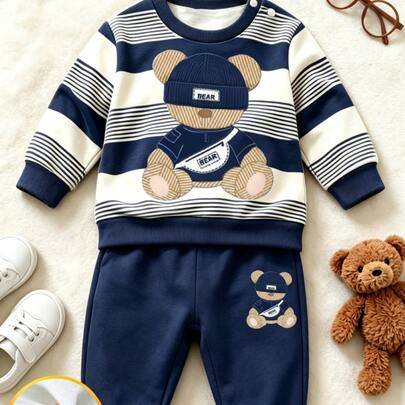 2-delat nyföddset för baby, avslappnat kawaii sött, marinblått och vitt randigt patchwork, lös passform, axelknappar, lång ärm, höst/vinter, matchande - Multifärgad (6-9M,0-1M,1-3M,3-6M)