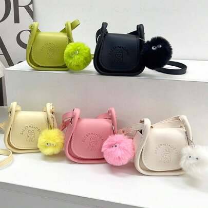 1 st Crossbody-väska för flickor, söt modestil, söt tecknad liten flicka och brevtrycksmönster, enfärgad PU-lädertyg Magnetstängning Justerbar axelrem - Frukt grön