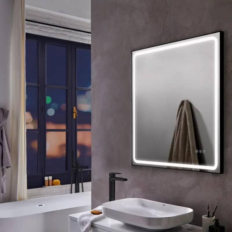 Mirall Shining 3, LED spejl med lys og sort ramme, justerbar lysstyrke, 60 x 80 cm