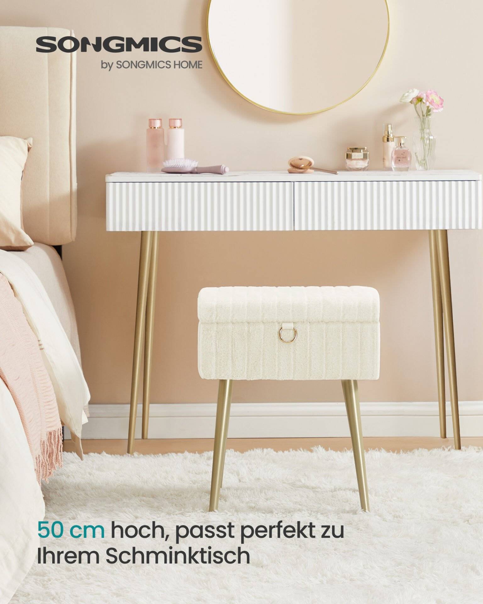 SONGMICS Dressing Table Chair Stool with Storage Vanity Stool Footstool Metal Legs Padded Adjustable Feet Living Room Bedroom Dressing Room Cream Whit