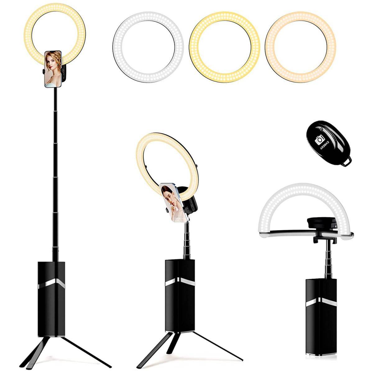 KENTFAITH Collapsible Selfie Ring Light Strap Stand, 10 inch Travel Portable LED Ring Light Strap 76 inch Tripod Stand with 9 Adjustable Lights for Live Video Online Classroom Makeup YouTube TikTok Vlog Zoom (Black)