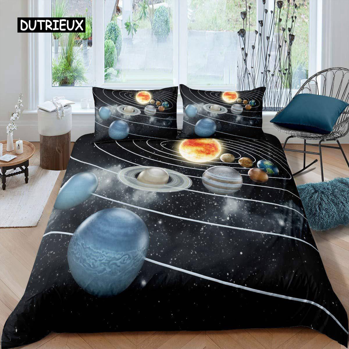 Sol System Täcke Set Twin King Mikrofiber Yttre Rymden Galax Sängkläder Set Universum Planet Astronomi King Size Täcke AU Queen(210x210cm)