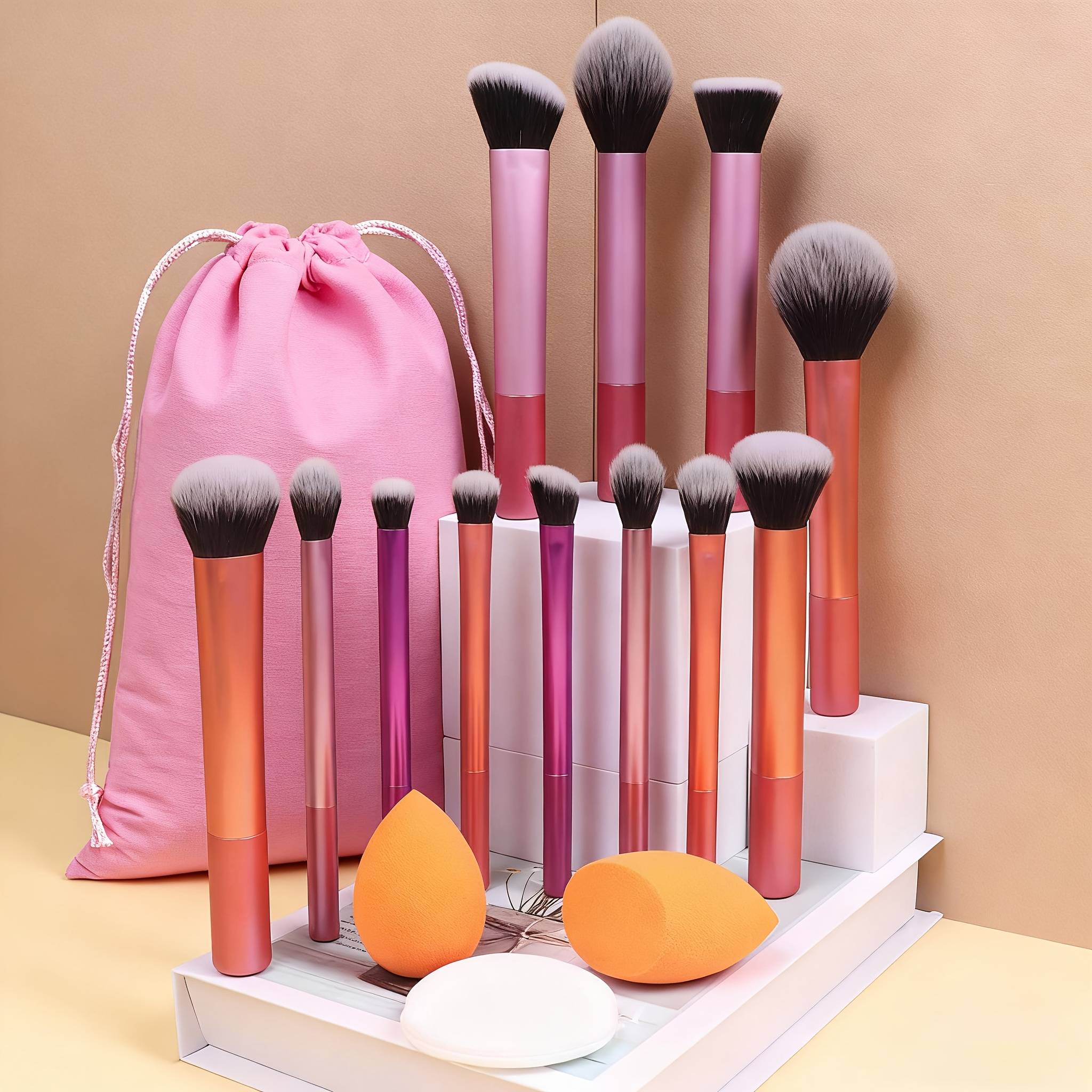 TEMU Set Of 16 Makeup Brushes, Including A Storage Bag, Makeup Sponges