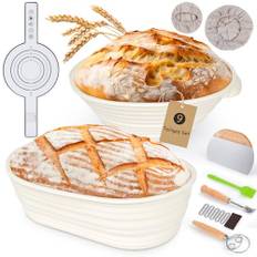 FIVAVA jäskorgar, jäskorg, set 25 cm, rund och 23 cm, oval, bröd, bakningstillbehör, bröd jäskorg med 5 bagarknivar, degskrapa, silikondegborste, degkvast, linneduk