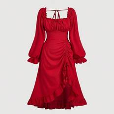 Plus Size Röd Vintage fyrkantig krage Puffärm Dragsko volangfåll Lång klänning för kvinnor, , Kostym, Day Of The Dead-outfit (0XL,1XL,2XL,3XL,4XL,5XL)