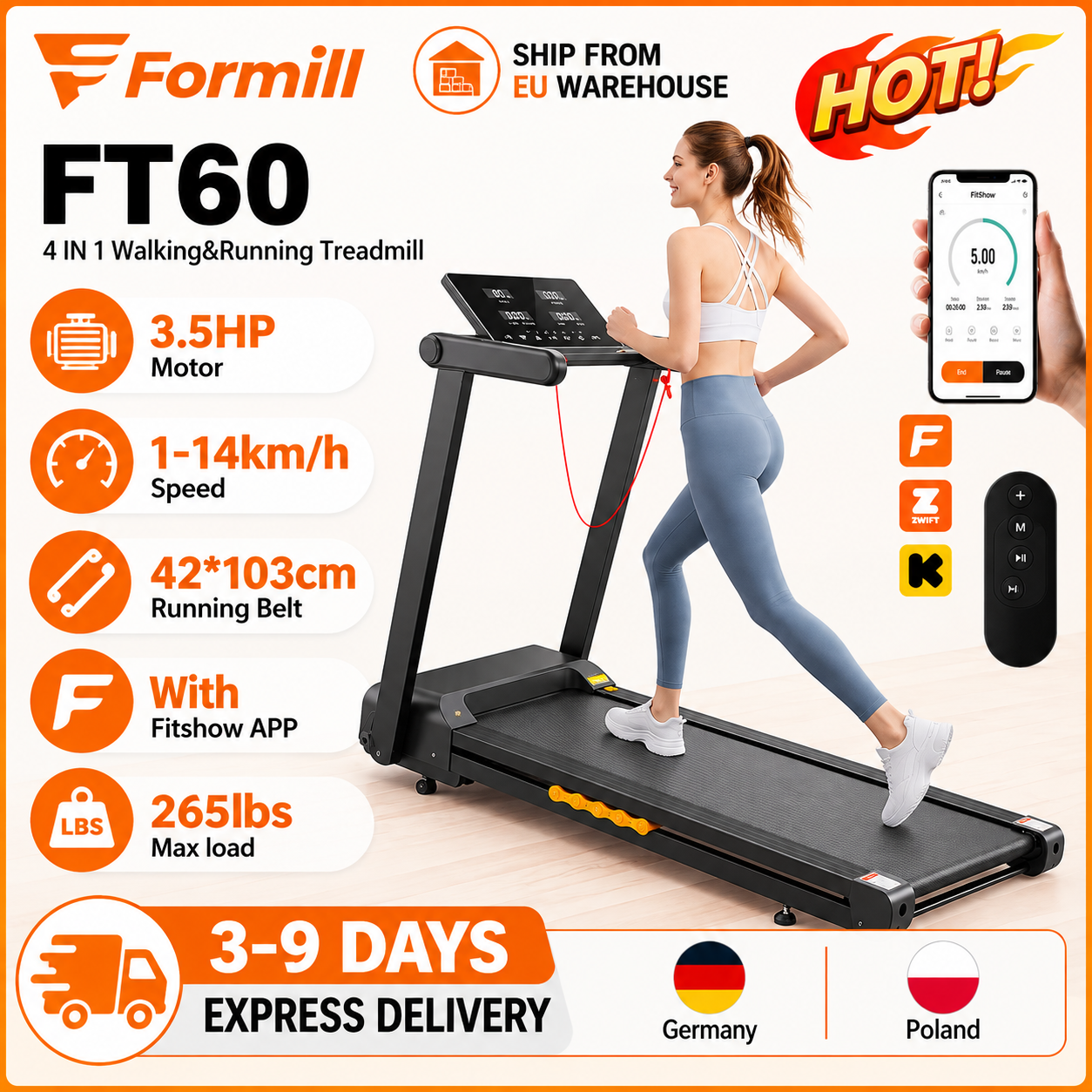 Formill FT60 Automatic Incline Treadmill for Home Fitness – EU Warehouse | 3 Styles | Foldable, Incline & Handrail | Low Noise & Shock Absorption with Fitshow APP