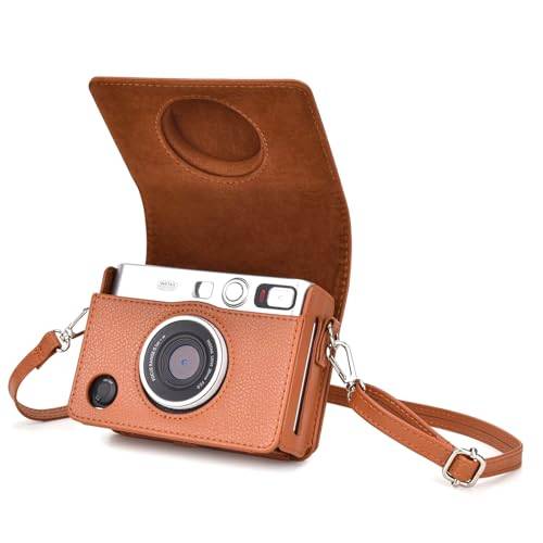 Rieibi Mini Evo kameraväska, vintage PU-läderfodral för Fujifilm Fuji Instax Mini Evo omedelbar kamera med avtagbar axelrem, texturerad brun 1, horisontell