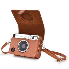 Rieibi Mini Evo kameraväska, vintage PU-läderfodral för Fujifilm Fuji Instax Mini Evo omedelbar kamera med avtagbar axelrem, texturerad brun 1, horisontell