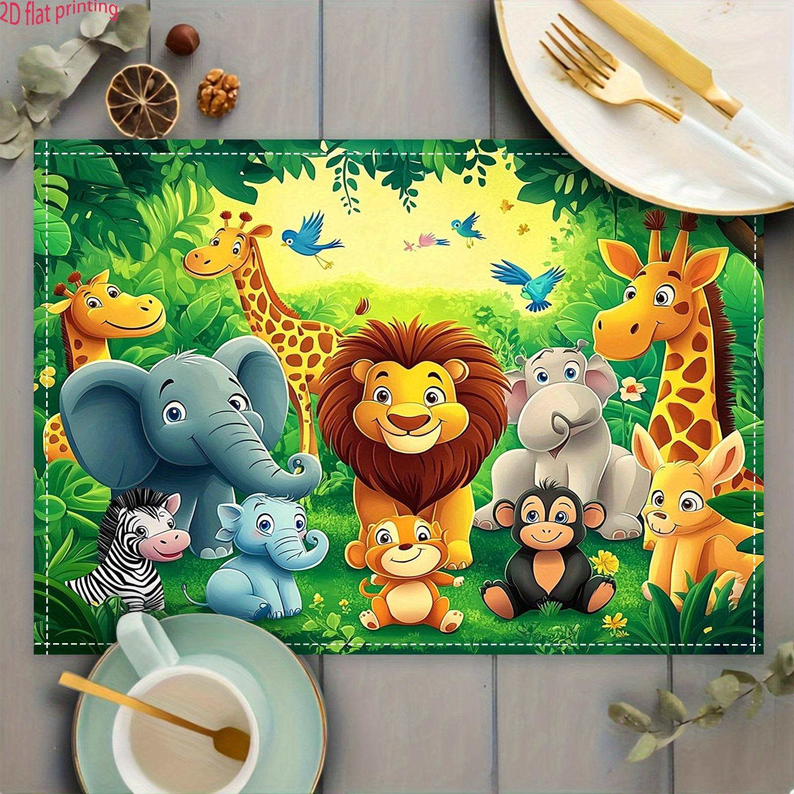 Djungeldjur Dukar Set Om 1 Linne Tyg Tecknad Safari Djur Bordsmatta Barn Matplats Dekoration Lejon Elefant Giraff Zebra
