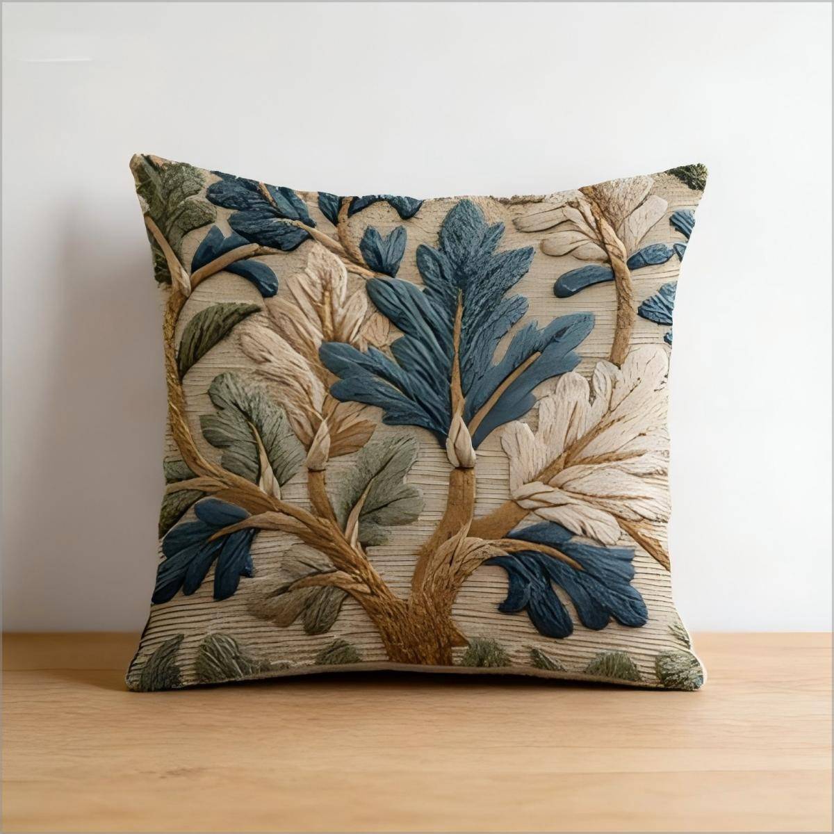 Vintage Boho Blad Kuddfodral Fauxbroderi Botaniskt Tryck Rustik Linnetextur Kuddfodral för Soffa Säng Soffa Heminredning
