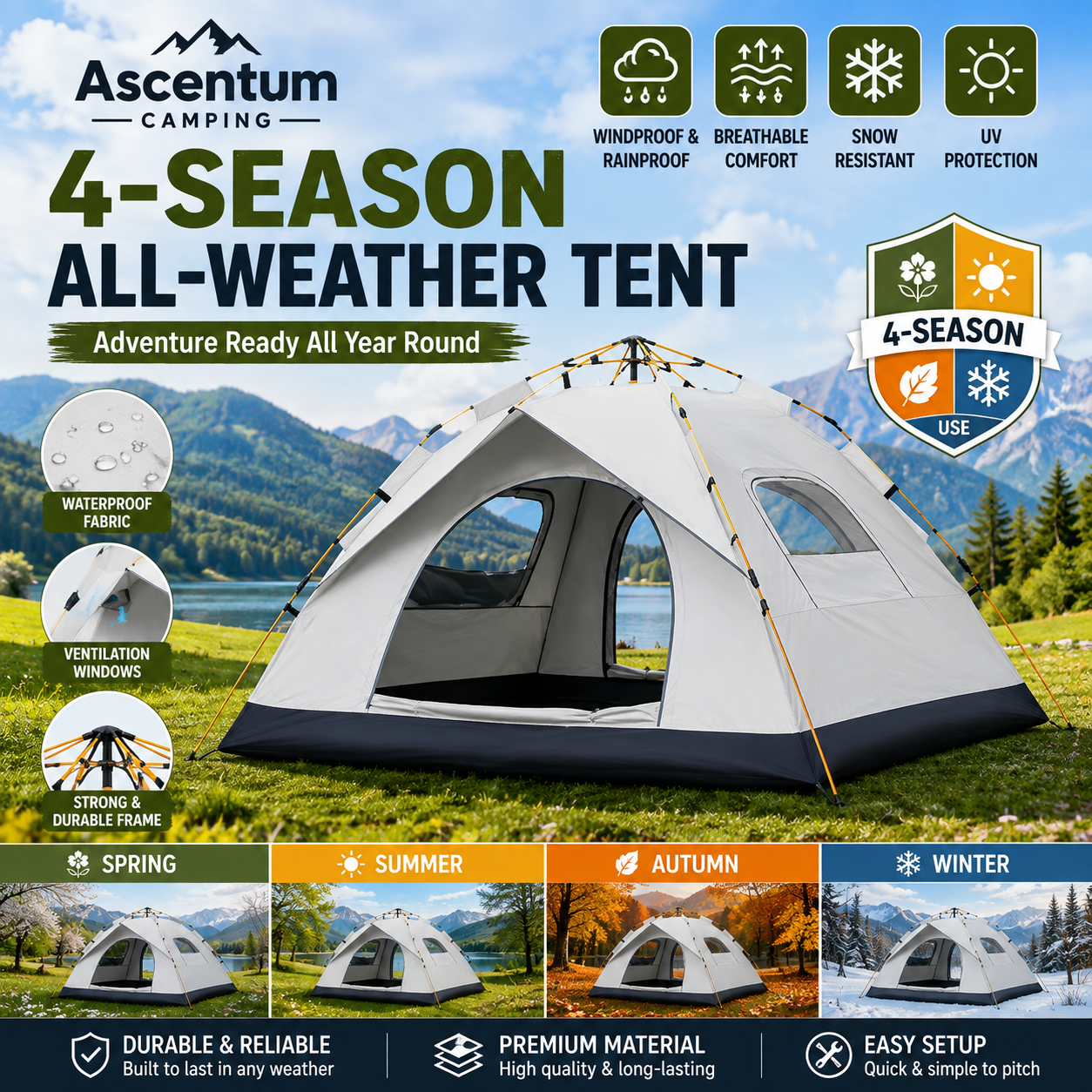 Ascentum camping Lightweight Silver Outdoor Automatic Pop-Up Tent for Camping, Driving, Hiking, And Mountain Travel, Sunshade, Beach Tent, Portable And Foldable Shelter