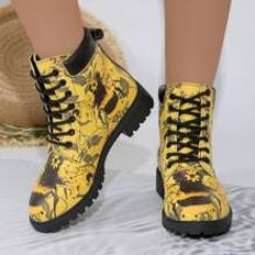 Cross-Border Plus Size Höst Vinter Snörstövlar 3D Bumblebee Print Brittisk stil Mid-Calf Läderstövlar Rund tå Kvinnor Casual Snow Boots Ridskor Matcha - Gul - CN36,CN37,CN38,CN39,CN40,CN41,CN42,CN43