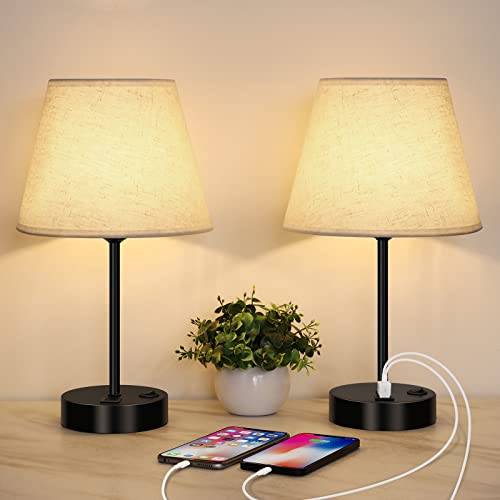 LIANTRAL Uppsättning av 2 nattlampor med 2 USB-portar, E27, modern bord tyg lampskärm metallbas nattlampa bord för sovrum, vardagsrum, kontor