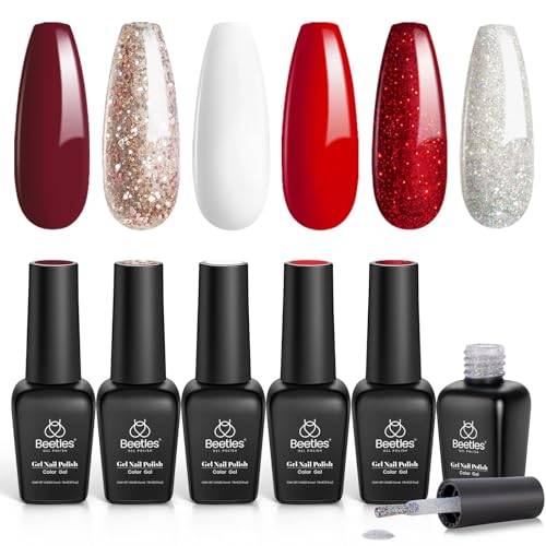 Beetles UV-nagellacksset, 6 färger semester gelnaglar gel, vinröd, brun, champagne, guld, gelnagellacksset, nakengrå nagellack, nageldesign, gör-det-själv-gåva