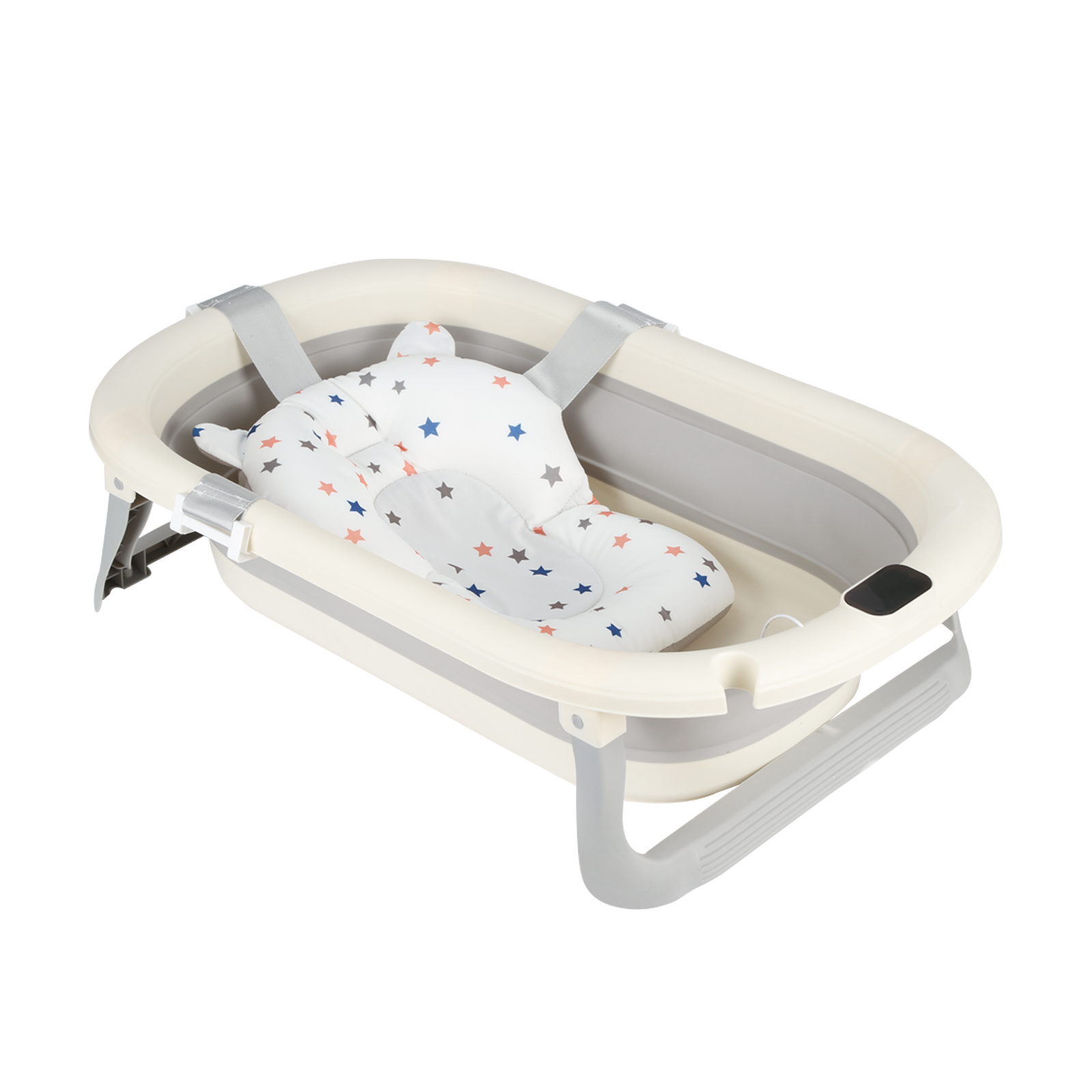Baby Folding Bathtub - with Bath Cushion and Built-In Thermometer - Ideal for Baby Shower Gift for Girl or Boy - Grey/Pink/Khaki/Green