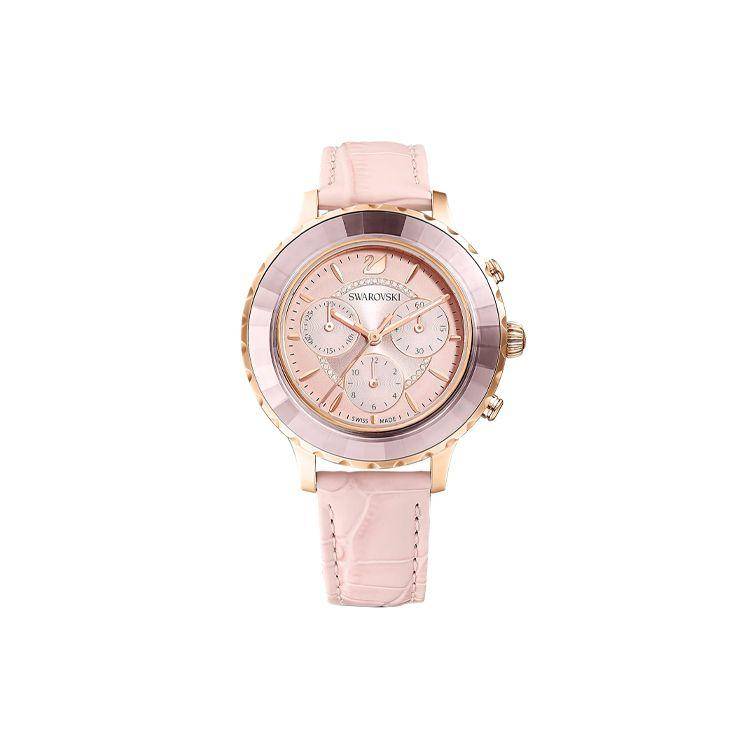 Swarovski Quartz Watch With Genuine Leather Strap Pink Dial Three Eye Chronograph Women watches 5452501 Regular Watch Box,Pink Watch Dial