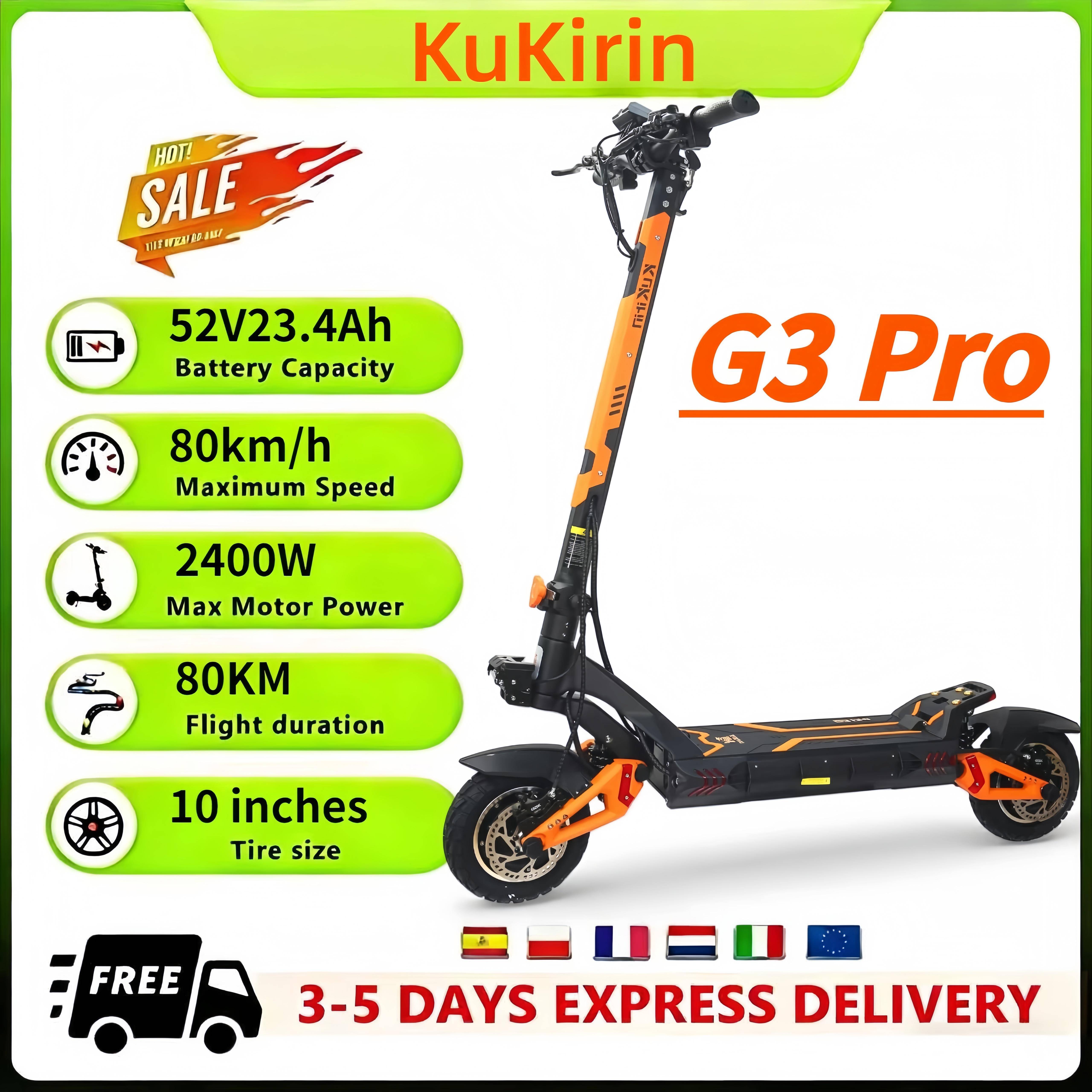KuKirin G3Pro Elsparkcykel 2400W EScooters 52V 23.2Ah 80KM Räckvidd 65Km/h Hastighet 10  Däck e-Scooter Dubbel Stötdämpare