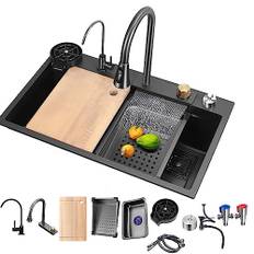 KELINGOUD Svart, 1 handfat, köksbänk, rostfritt stål, vattenfallsdiskbänk, bardiskbänk med kopp, tvättmaskin, handfat, drop-in/Undermount Farmhouse arbetsstation, diskbänk med flera tillbehör (75 x 46