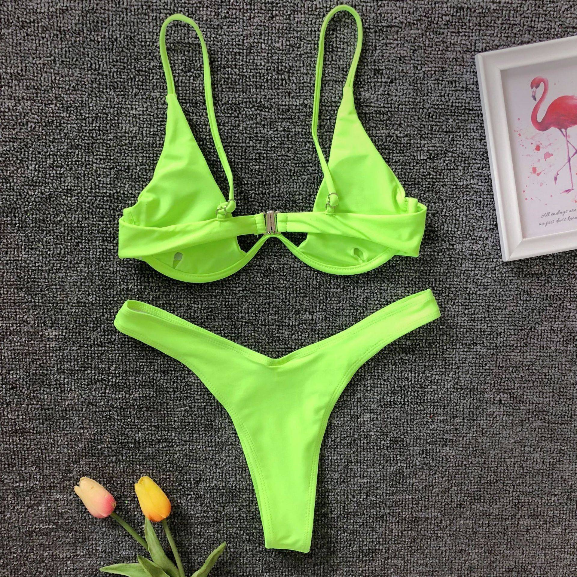Swimwear Summer Bikini Women Swimsuit Bra and Panties Set Solid Color - Green / M