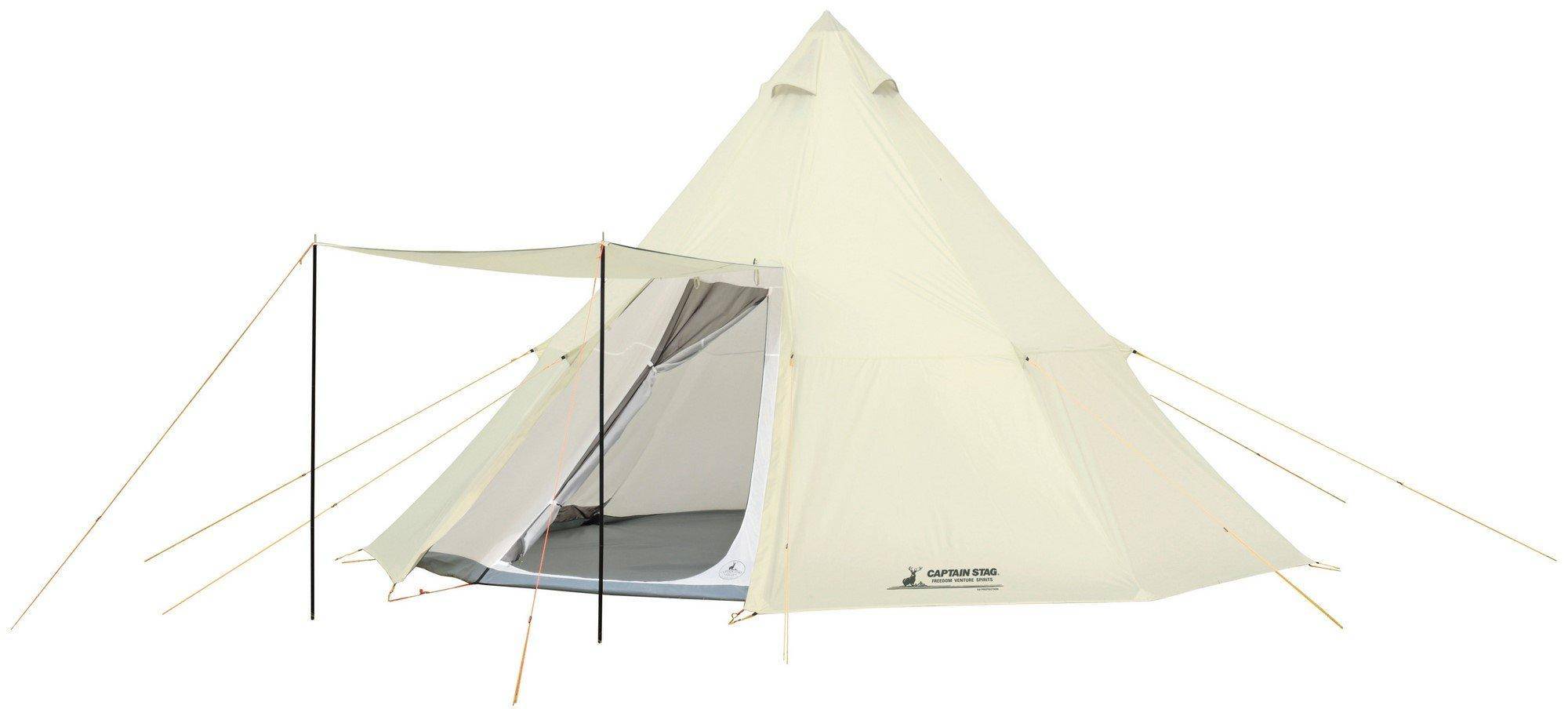 CAPTAIN STAG One Pole tipi för 7 till 8 personer 460 x 460 x Bärväska CS Classics Tält, tält, oktagon, form, [Storlek H300cm] UV/PU-bearbetning, ingår, vit