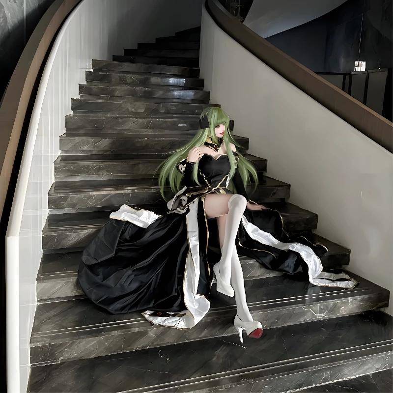 Code Geass C.C. Drottning Cosplayklänning Komplett Set, Anime Sekundär Dam Cosplay Outfit med Peruk cm vit