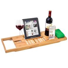 Expandable Bamboo Bathtub Tray Wood Bath Tray with Book and Wine Holder