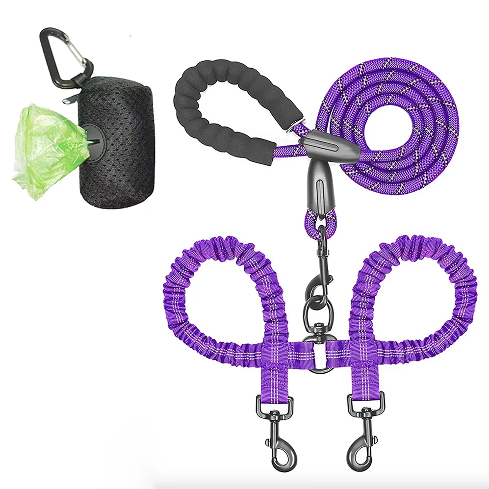 Dual Dog Coupler Leash – Walk 2 Dogs at Once - Purple with poop bag