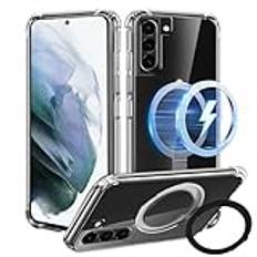 Tawarror 3-i-1 magstativ mobiltelefonfodral för Samsung Galaxy S21 5G fodral, kompatibelt med MagSafe, transparent magnetiskt skyddsfodral för Samsung S21 med stativ hård PC reptålig TPU stötsäker,