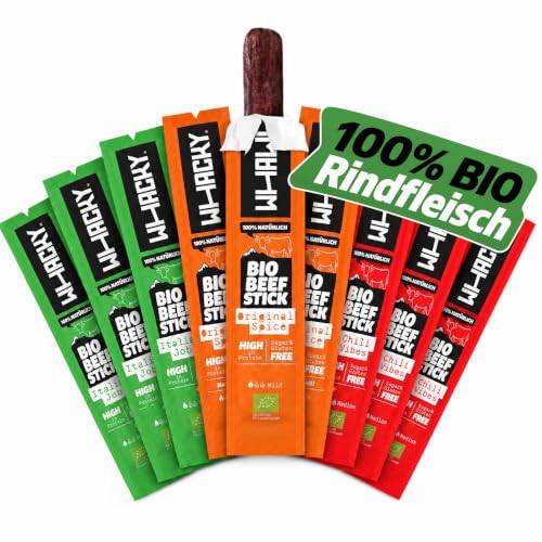 Whacky Bio Beef Sticks – Mix-Packung (9x 32g) Protein Snack aus Rindfleisch – Salami Sticks ohne Zucker – Low Carb, für Fitness, Keto, Outdoor & Unterwegs – Köstlicher Geschmack in 3 Sorten
