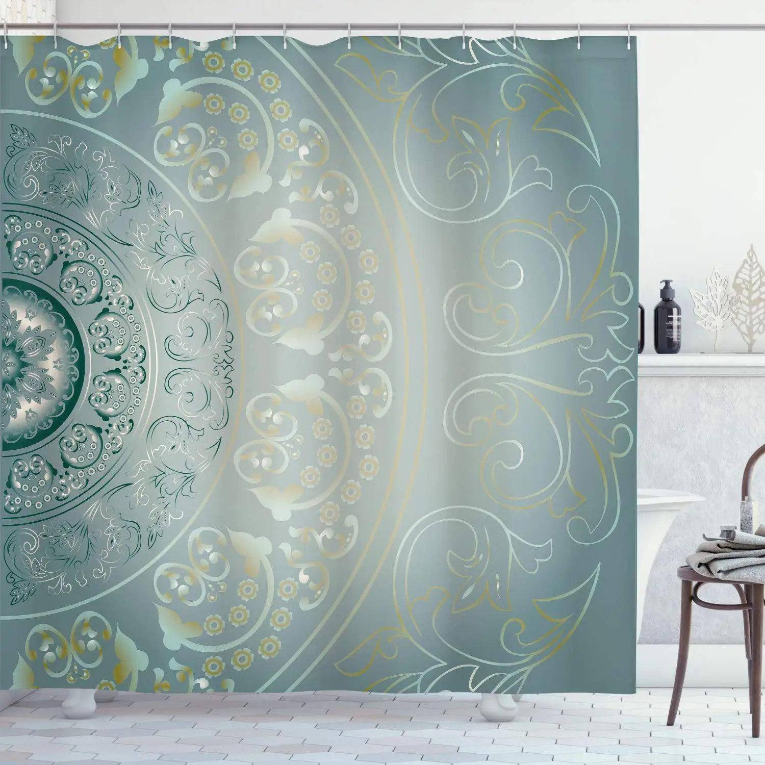 Mandala Duschdraperi, Vintage Cosmos Oriental Breeze Mönster Virvlande Floral Blad Tyg Badrumsdraperi Set med Krokar
